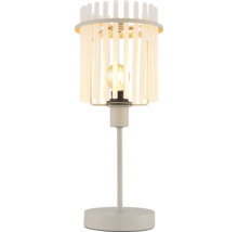 Lampă de masă modernă cu abajur cilindric format din lamele verticale înguste și un bec central pe o bază rotundă.