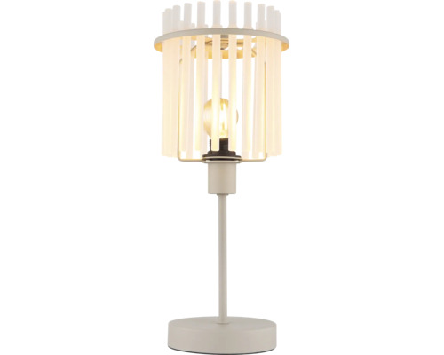 Lampă de masă modernă cu abajur cilindric format din lamele verticale înguste și un bec central pe o bază rotundă.