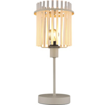 Lampă de masă modernă cu abajur decorativ din tije metalice și suport.