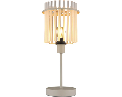 Lampă de masă modernă cu abajur decorativ din tije metalice și suport.