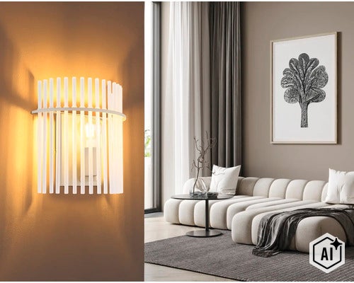 Lampă de perete modernă formată din tije verticale într-o cameră de zi elegantă cu canapea și tablou. (Image AI modified or generated)