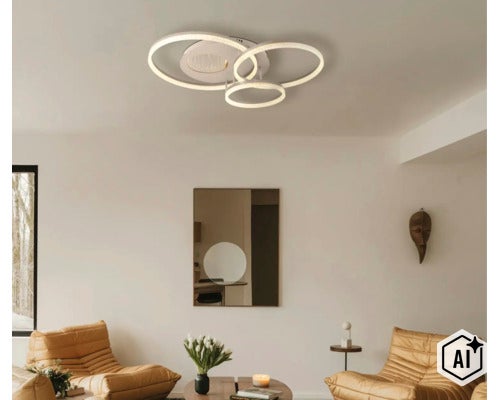 Plafonieră LED modernă cu trei inele luminoase întrepătrunse într-un living luminos și amenajat elegant. (Image AI modified or generated)