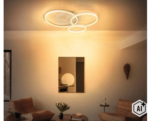 Plafoniera LED modernă cu trei inele luminoase împletite într-un living iluminat confortabil. (Image AI modified or generated)