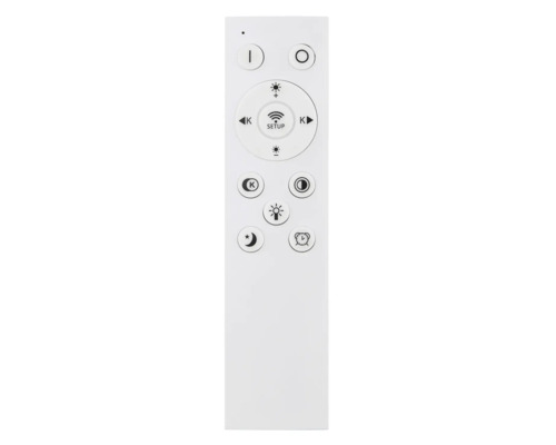 Telecomandă pentru controlul corpurilor de iluminat cu butoane pentru intensitatea luminii, temperatura de culoare, temporizator și lumină de noapte.