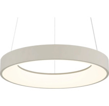 Pendul LED rotund modern cu design plat și sistem de suspendare.