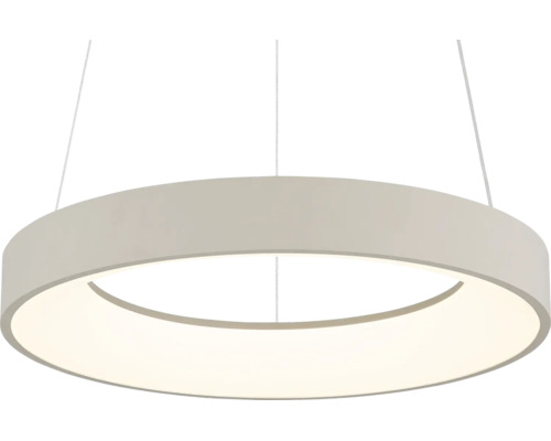 Pendul LED rotund modern cu design plat și sistem de suspendare.