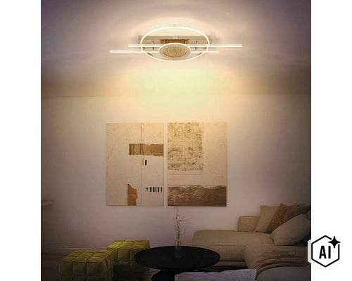 Plafonieră LED modernă în formă de inel montată pe tavan deasupra unui living cu canapea și decorațiuni de perete. (Image AI modified or generated)