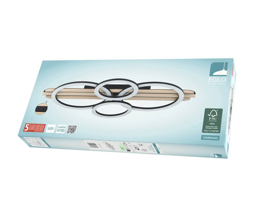 Plafonieră LED Eglo Cembrano cu elemente din lemn și design circular în ambalajul produsului