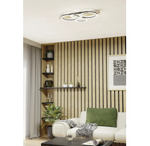 Plafonieră modernă cu inele LED într-un living amenajat cu stil, cu perete din lamele de lemn și canapea confortabilă.