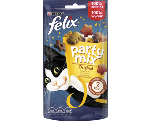 Recompense pentru pisici Purina Felix Party Mix Original cu gust de pui, ficat și curcan în ambalaj.