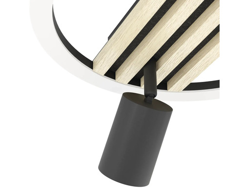 Spot de tavan cu lamele din lemn și spot cilindric pentru iluminat interior modern.