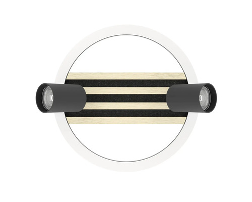 Lampă de plafon rotundă cu două spoturi, aspect de lemn și pâslă acustică, design modern pentru spații de locuit
