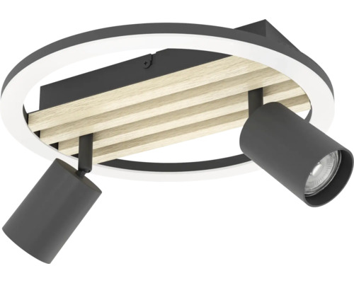 Plafonieră modernă cu aspect de lemn și două spoturi reglabile cu inel luminos LED