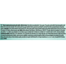 Informații despre produs și ingrediente pentru hrană complementară pentru pisici adulte pe etichetă.