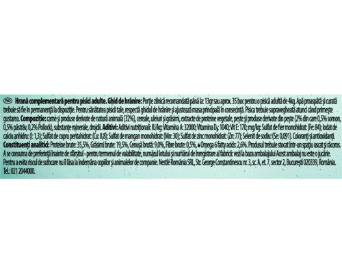 Informații despre produs și ingrediente pentru hrană complementară pentru pisici adulte pe etichetă.