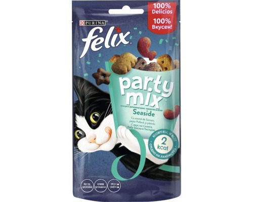 Recompense pentru pisici Purina Felix Party Mix Seaside cu somon cod si pastrav in ambalaj