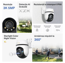 Cameră de supraveghere exterior Tapo cu rezoluție 3K, vedere nocturnă, detecție mișcare, protecție IP66 și rotire la 360 de grade.
