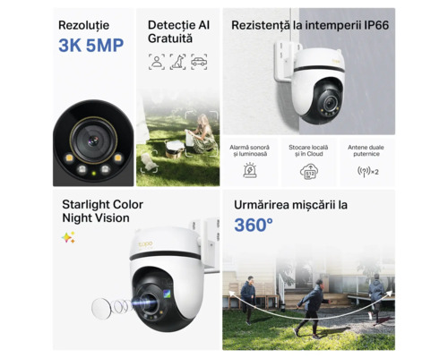 Cameră de supraveghere exterior Tapo cu rezoluție 3K, vedere nocturnă, detecție mișcare, protecție IP66 și rotire la 360 de grade.