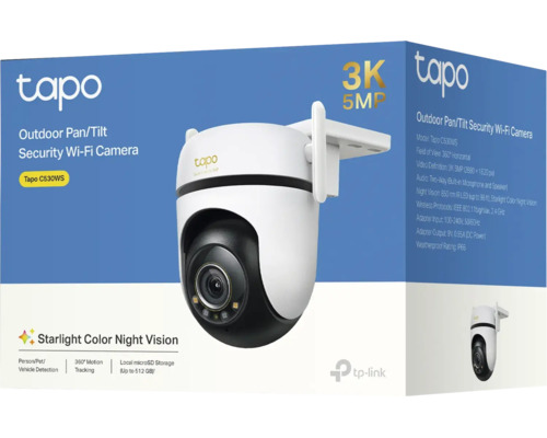 Cameră de securitate Wi-Fi de exterior Tapo C530WS cu funcție de panoramare și înclinare, rezoluție 3K și vedere pe timp de noapte.
