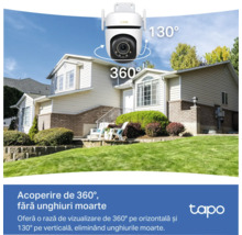 Camera de supraveghere exterioara Wi-Fi Tapo cu rotire orizontala de 360 de grade si verticala de 130 de grade pentru acoperire completa.