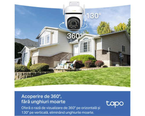 Camera de supraveghere exterioara Wi-Fi Tapo cu rotire orizontala de 360 de grade si verticala de 130 de grade pentru acoperire completa.