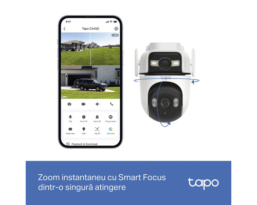 Cameră de supraveghere Tapo C545D cu control prin aplicație mobilă și funcție de panoramare și înclinare pentru exterior.