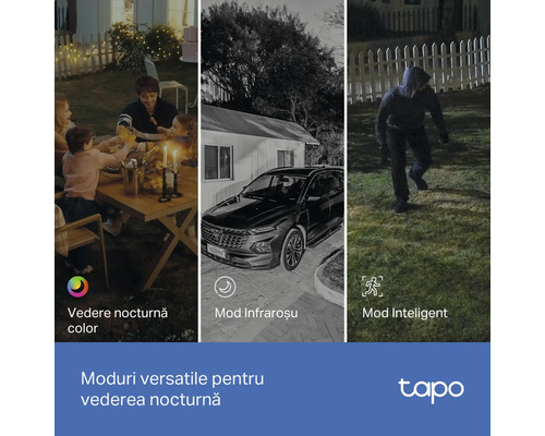 Trei moduri de vedere nocturnă pentru camera de supraveghere Tapo cu vedere color, mod infraroșu și detectare inteligentă a mișcării.