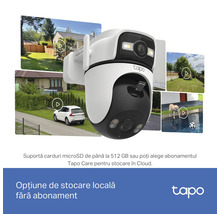 Cameră de supraveghere de exterior Tapo cu opțiune de stocare locală prin card microSD de până la 512 gigabytes sau stocare în cloud Tapo Care.