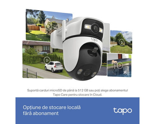 Cameră de supraveghere de exterior Tapo cu opțiune de stocare locală prin card microSD de până la 512 gigabytes sau stocare în cloud Tapo Care.
