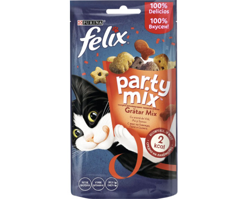 Gustare pentru pisici Purina Felix Party Mix cu aromă de vită pui și somon în pachet de 60 grame