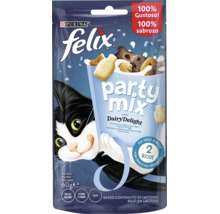 Gustări pentru pisici Purina Felix Party Mix Dairy Delight cu lapte, iaurt și brânză, pachet de 60 grame.
