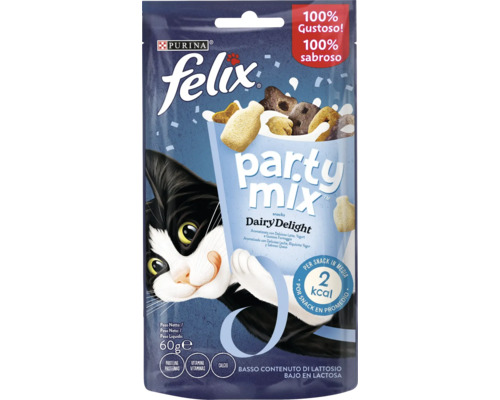 Gustări pentru pisici Purina Felix Party Mix Dairy Delight cu lapte, iaurt și brânză, pachet de 60 grame.