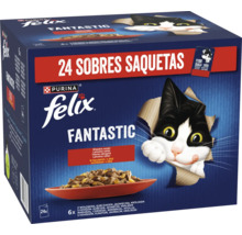 Hrană umedă pentru pisici Felix Fantastic în aspic, pachet cu 24 de plicuri cu diferite sortimente de carne.