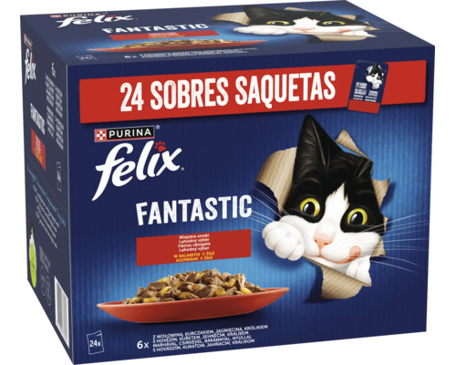 Hrană umedă pentru pisici Felix Fantastic în aspic, pachet cu 24 de plicuri cu diferite sortimente de carne.