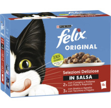 Pachet cu zece pliculete de hrana pentru pisici Purina Felix Original in sos cu diferite sortimente de carne.