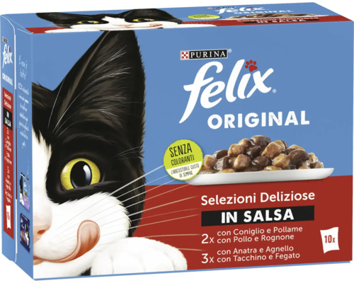 Pachet cu zece pliculete de hrana pentru pisici Purina Felix Original in sos cu diferite sortimente de carne.
