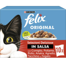 Hrană pentru pisici Felix Original mix în sos, 10 porții, logo Purina.