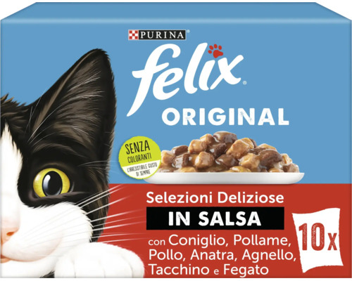 Hrană pentru pisici Felix Original mix în sos, 10 porții, logo Purina.