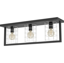 Plafonieră modernă cu trei surse de lumină cu cuști din sârmă și becuri vizibile într-un design dreptunghiular.
