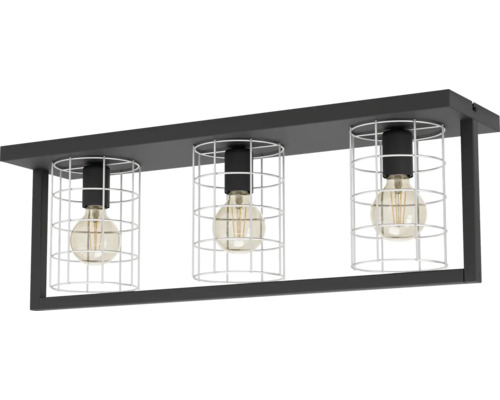 Plafonieră modernă cu trei surse de lumină cu cuști din sârmă și becuri vizibile într-un design dreptunghiular.