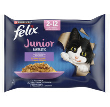 Hrană pentru pisoi Felix Junior selecție mixtă în aspic 4 plicuri pentru pisoi între 2 și 12 luni cu pui și somon.