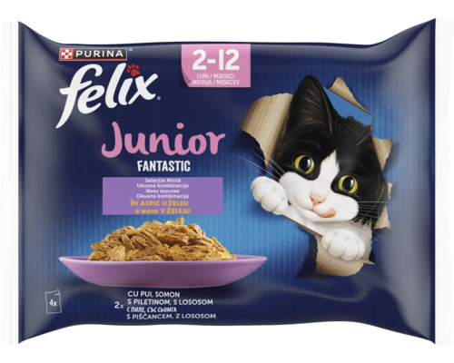 Hrană pentru pisoi Felix Junior selecție mixtă în aspic 4 plicuri pentru pisoi între 2 și 12 luni cu pui și somon.