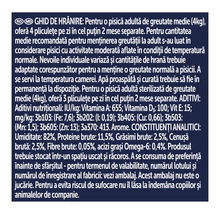 Ghid de hrănire pentru hrană de pisici cu ingrediente și constituenți analitici pe spatele ambalajului.