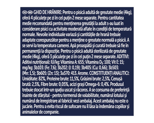 Ghid de hrănire pentru hrană de pisici cu ingrediente și constituenți analitici pe spatele ambalajului.
