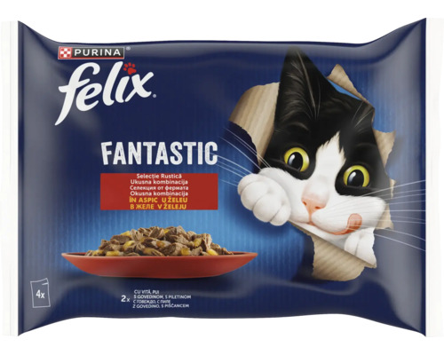 Plic hrană pentru pisici Purina Felix Fantastic selecție rustică cu vită și pui în aspic.