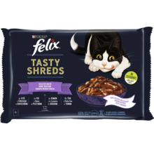 Hrană pentru pisici Felix Tasty Shreds selecție mixtă de carne și pește în sos, pachet de patru bucăți fără coloranți sau conservanți.