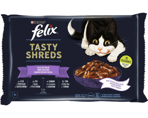 Hrană pentru pisici Felix Tasty Shreds selecție mixtă de carne și pește în sos, pachet de patru bucăți fără coloranți sau conservanți.