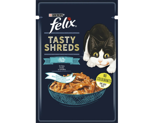 Purina Felix Tasty Shreds hrana pentru pisici cu ton în sos fără coloranți
