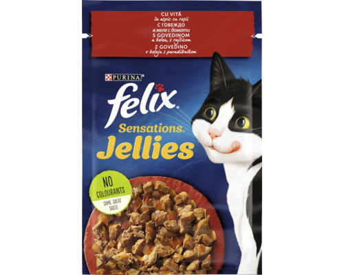 Plic hrana pentru pisici Purina Felix Sensations Jellies cu vita in aspic cu rosii
