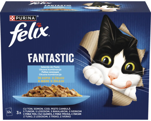 Purina Felix Fantastic selecție de pește în aspic hrană pentru pisici multipack 12 plicuri a câte 85 grame
